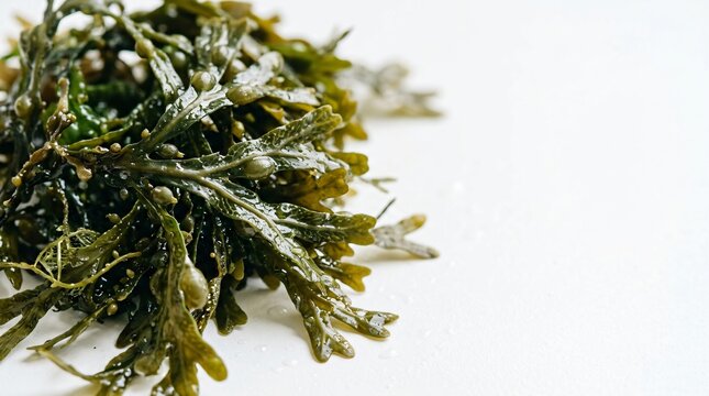 Fresh seaweed on white background. Bladder wrack plant close up. Organic marine algae for healthy nutrition, cosmetic product and dietary supplement. Natural ocean vegetation ingredient.