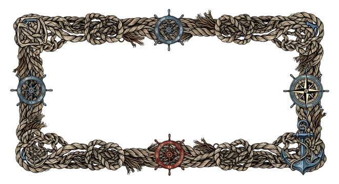 A nautical rope border with compasses and anchors on transparent background