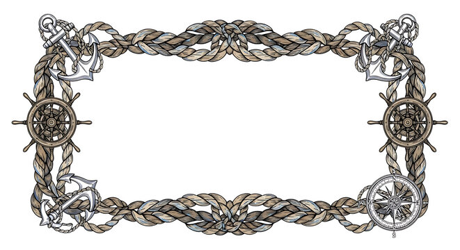 A nautical rope border with anchors and compasses on transparent background