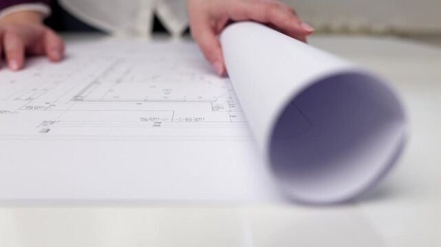 Close-up video of a female architect unrolling technical blueprints on a desk while reviewing architectural plans in a modern office workspace.