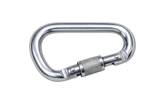 Silver metal climbing carabiner hook with screw gate