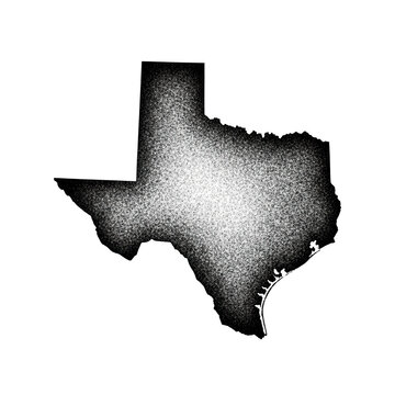 Black and white pixelated outline of the state of texas with an arrow pointing south isolated on transparent background