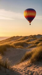 Fototapeta premium Colorful Hot Air Balloon Flying Over Sandy Beach Dunes at Golden Sunset