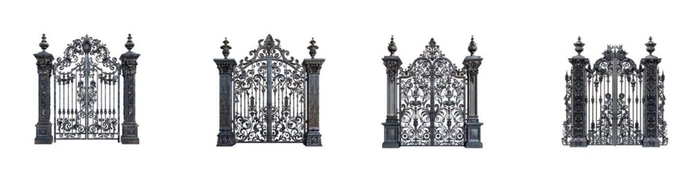 Ornate wrought iron gates with decorative scrollwork and metal pillars isolated on transparent background