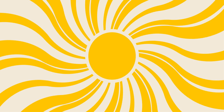 Groovy, hippie, retro sun background. Abstract hand drawn doodle sunshine shapes in trendy childishly, naive art style. Horizontal wavy summer poster, banner, vector template.