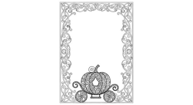 Intricate Black and White Mandala Line Art Frame with Decorative Swirls and Floral Accents, Perfect for Fairy Tale Invitations and Adult Coloring.
