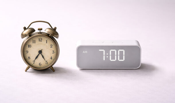 Vintage analog alarm clock next to modern digital clock, time evolution concept