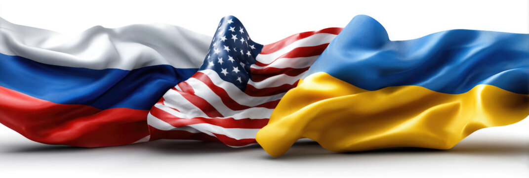 Russia, United States, and Ukraine flags standing together, symbolizing international relations, diplomatic conflicts, global partnerships, and geopolitical tensions