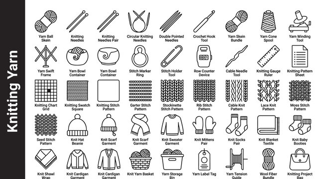 Collection of Knitting and Yarn Icons for Crafting and Sewing Projects