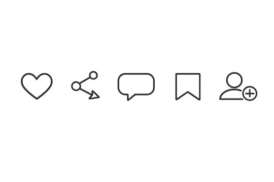 A set of five minimalist social media icons in a thin black line