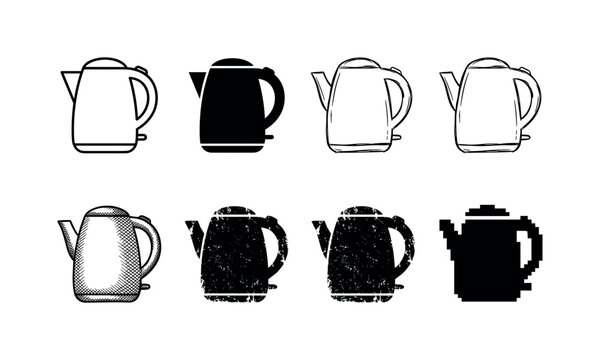 Collection of diverse electric kettle icons in various styles and textures for design