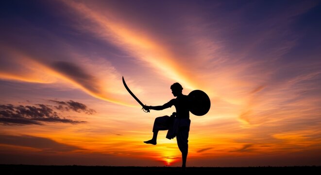 Warrior silhouette with sword and shield.