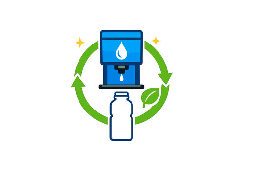 A flat vector illustration features a blue water refill station with