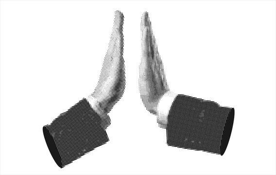 High Five Hands. Halftone retro hands giving each other five. Paper cutout elements. Trendy vintage newspaper parts. Make a deal. Successful agreement. Teamwork concept. Business success