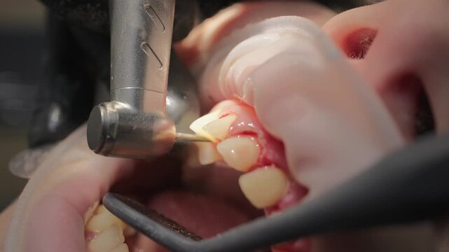 Professional dentist using a dental drill to prepare a patient's tooth for the installation of a porcelain veneer, a common procedure in cosmetic dentistry and oral hygiene. Tooth preparation for crow