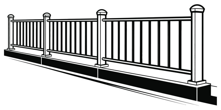 A tall white metal fence with vertical bars and decorative tops, black and white image, vector illustration of security barrier, classic ornamental fence design, isolated on white background for archi