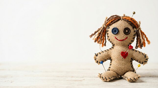 Voodoo doll made of burlap with button eye and pin. Handmade rag toy as magical object. Folklore craft and mystic ritual symbol. Halloween theme background with copy space for text.