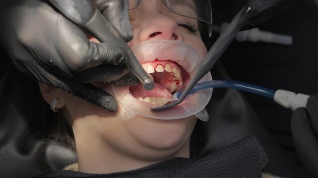 Close-up of a dental surgeon using a drill and suction tube during a gingivectomy procedure on a female patient's bleeding gum in a modern clinic. Stomatology and periodontology concept