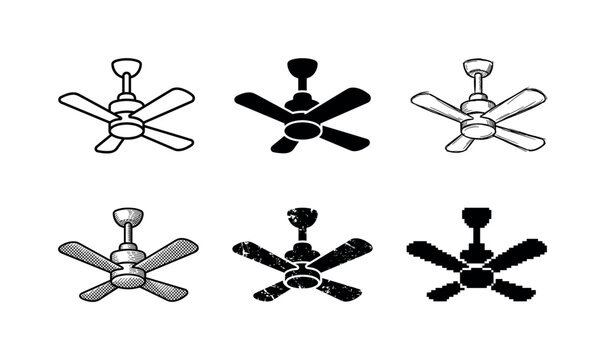 Collection of ceiling fan icons in various artistic styles and textures for design