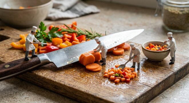  Peque&ntilde;os chefs cortando verduras frescas sobre tabla con cuchillo en cocina casera.
