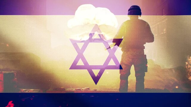 Israel Flag Animation with Soldier and War Explosion Background