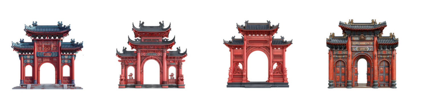 Traditional red chinese ceremonial gate architectural structures as cut isolated on transparent background