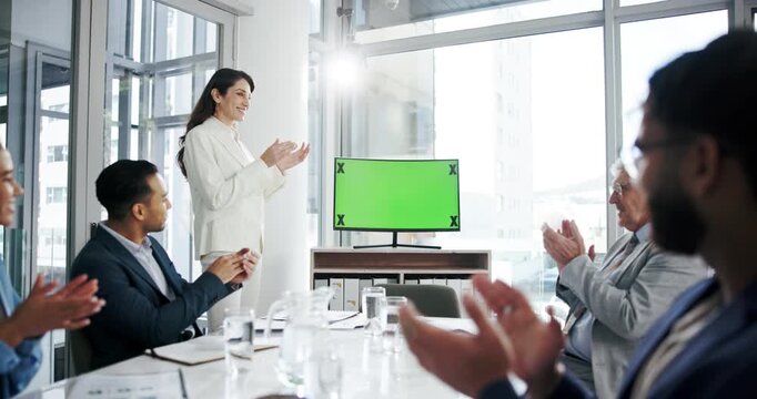 Computer, green screen and business people with applause for presentation in office for financial forecasting. Finance team, tracking markers and tech with chroma key for for company investment plan.