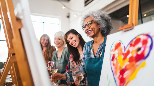 Variety of women giggling as they paint and sip at an art workshop, spending leisure time together and expressing their creativity
