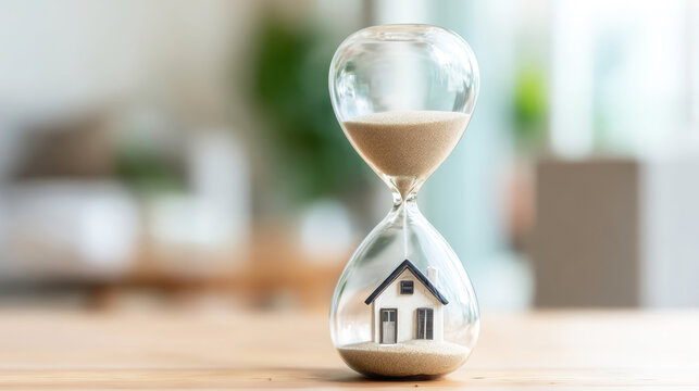 Hourglass with sand flowing, representing time passing for home ownership, real estate investment, and financial planning