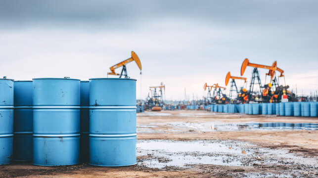 Blue steel barrels standing in the foreground with pumpjacks working in the background on an active oil field