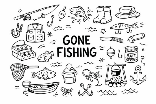 Fishing doodle illustration in black and white hand drawn outline style with rod, fish, bait and outdoor elements