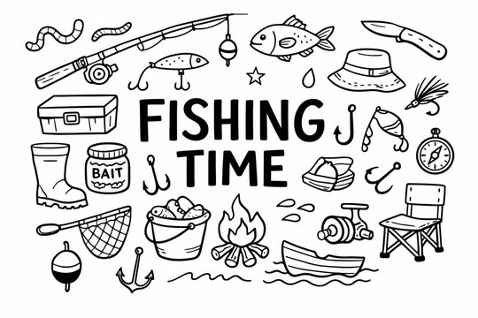 Fishing doodle illustration in black and white hand drawn outline style with rod, fish, bait and outdoor elements