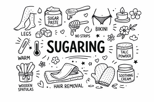 Sugaring doodle illustration in black and white hand drawn outline style with sugar paste, beauty care and hair removal elements