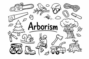 Obraz premium Arborism doodle illustration in black and white hand drawn outline style with tree care, climbing gear and forestry elements