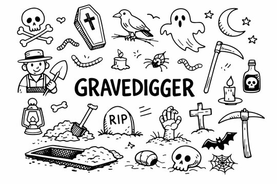 Gravedigger doodle illustration in black and white hand drawn outline style with cemetery, burial and spooky halloween elements