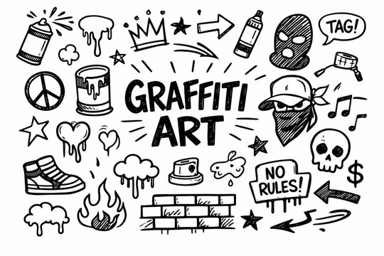 Graffiti art doodle illustration in black and white hand drawn outline style with street culture, spray paint and urban symbols