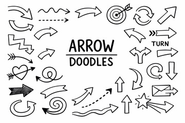 Fototapeta premium Arrow icons doodle illustration in black and white hand drawn outline style with directional symbols, swirls and pointer elements