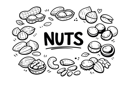 Nuts doodle illustration in black and white hand drawn outline style with mixed healthy snack and organic food elements