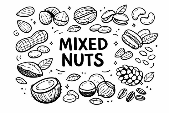 Nuts doodle illustration in black and white hand drawn outline style with mixed healthy snack and organic food elements