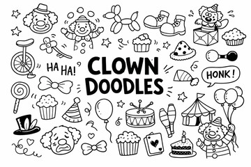 Fototapeta premium Clown doodle illustration in black and white hand drawn outline style with funny circus character and playful show elements