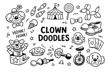 Fototapeta premium Clown doodle illustration in black and white hand drawn outline style with funny circus character and playful show elements