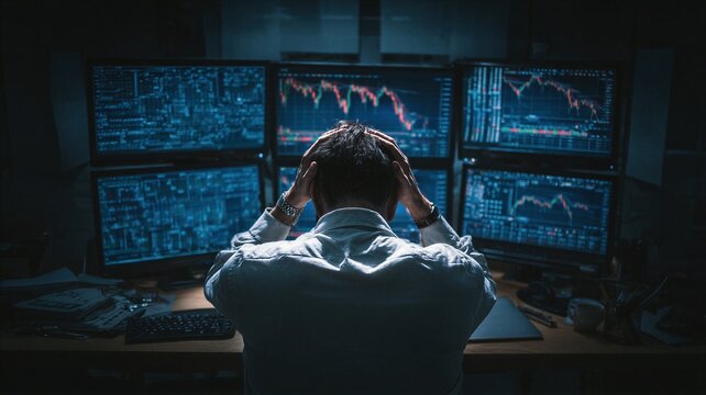 Stressed man looking at financial stock market charts showing falling prices on multiple computer monitors. Frustrated trader losing money during economic recession and crisis concept.