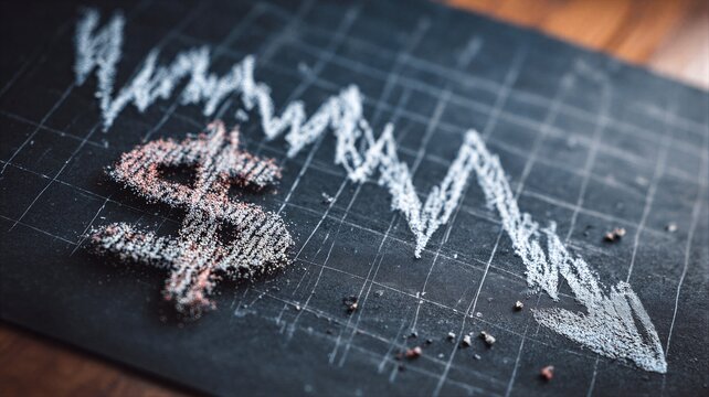 Dollar sign with downward arrow on chalkboard graph. Financial chart showing currency decline and economic loss. Market crash, recession and investment risk analysis concept for business.