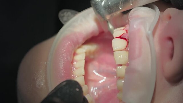 Closeup of a dental professional using an electrosurgical unit for gum reshaping on a patient's bleeding gingiva, with a mouth retractor holding the lips open for clear access