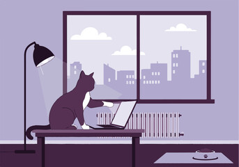 Curious pet cat sitting on a desk and interacting with a laptop at home © Vectora