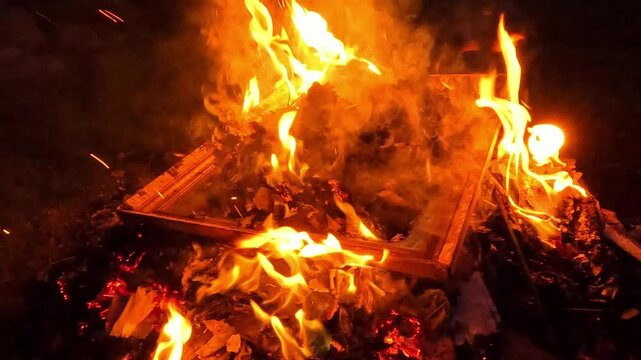 Wooden frame burns in a dark bonfire at night as orange flames rise, roll over the frame, and intensify on the right while the structure sinks deeper into embers, conveying destruction and danger.