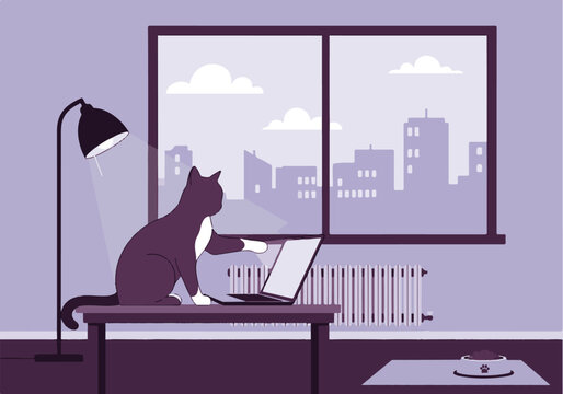 Curious pet cat sitting on a desk and interacting with a laptop at home