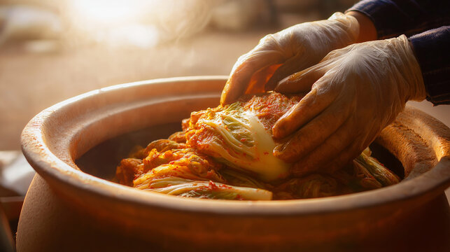Hands preparing essential Korean kimchi for fermentation in a traditional clay onggi pot, cultural food process