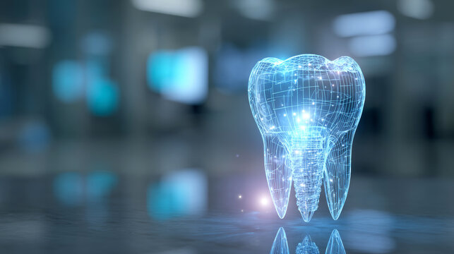 Digital dental implant model glowing, showing modern dentistry technology, future medical innovation, and research