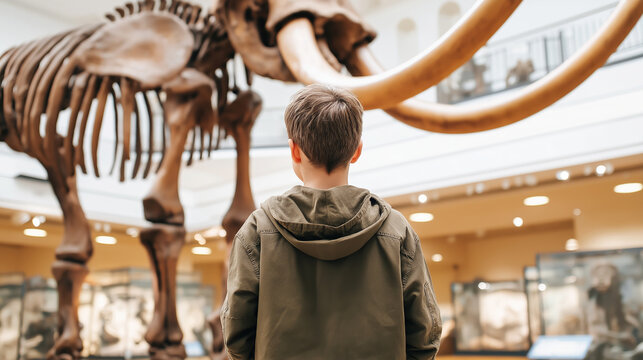 Young boy exploring natural history museum, looking up at ancient animal mammoth skeleton exhibit
